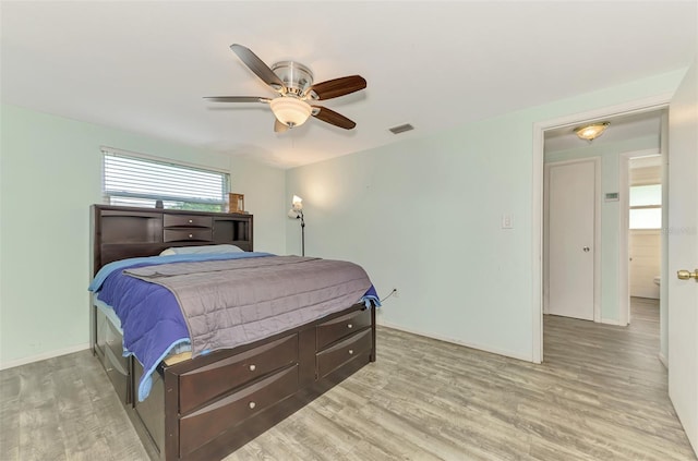 2900 Siesta Dr, Venice, FL 34293 - bedroom featuring light wood-style floors, baseboards, visible vents, and a ceiling fan