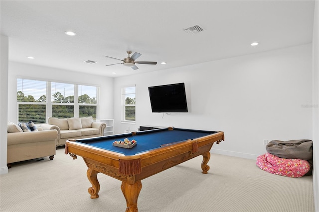 playroom with baseboards, visible vents, carpet flooring, and recessed lighting