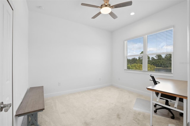 carpeted office with a ceiling fan, recessed lighting, and baseboards