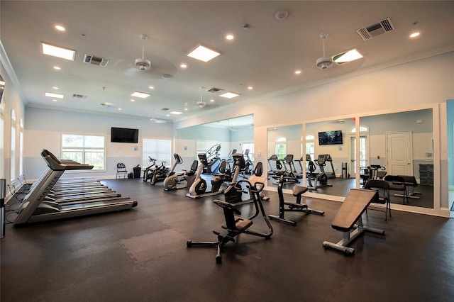 workout area featuring ornamental molding, recessed lighting, and visible vents