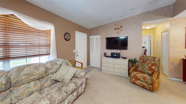 living area featuring lofted ceiling, a textured ceiling, and light colored carpet