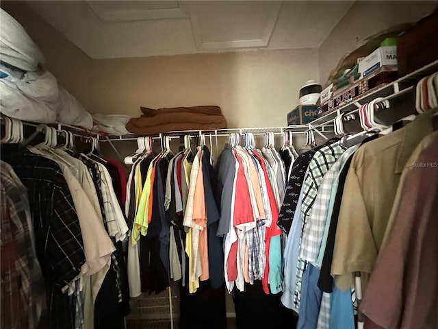 spacious closet featuring attic access