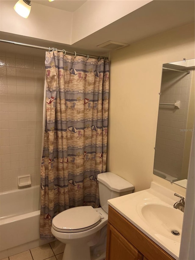 full bathroom with tile patterned flooring, vanity, shower / bath combination with curtain, and toilet