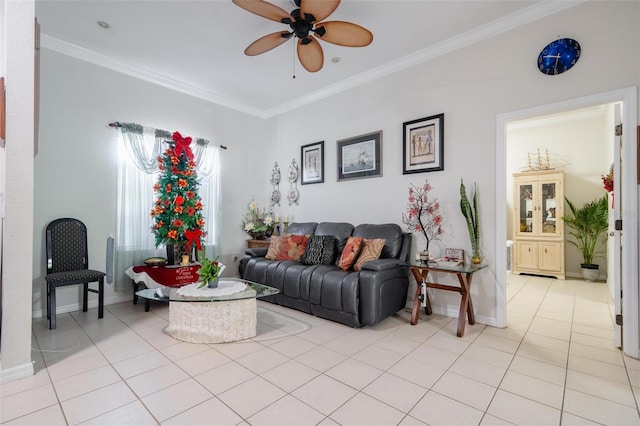 living room featuring ceiling fan, light tile patterned flooring, and ornamental molding