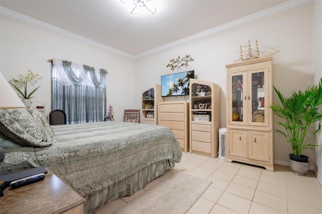 tiled bedroom featuring ornamental molding