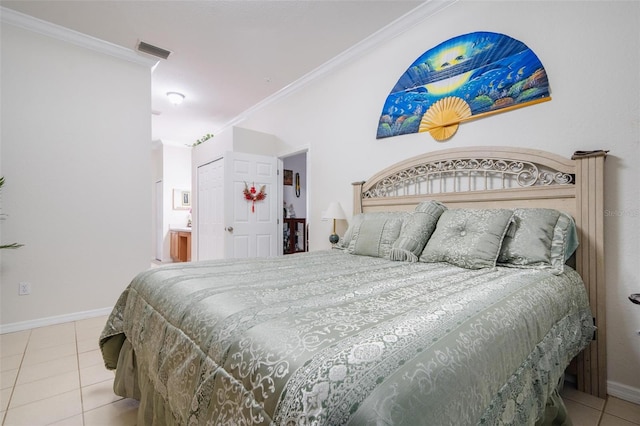 tiled bedroom with ornamental molding