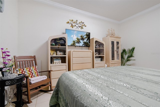 tiled bedroom featuring crown molding