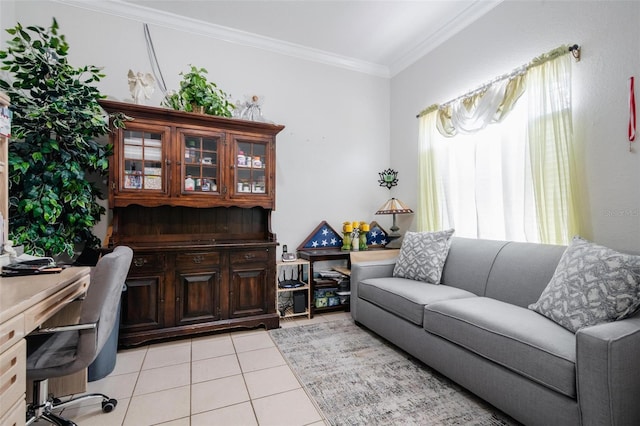 tiled office space featuring crown molding and a healthy amount of sunlight