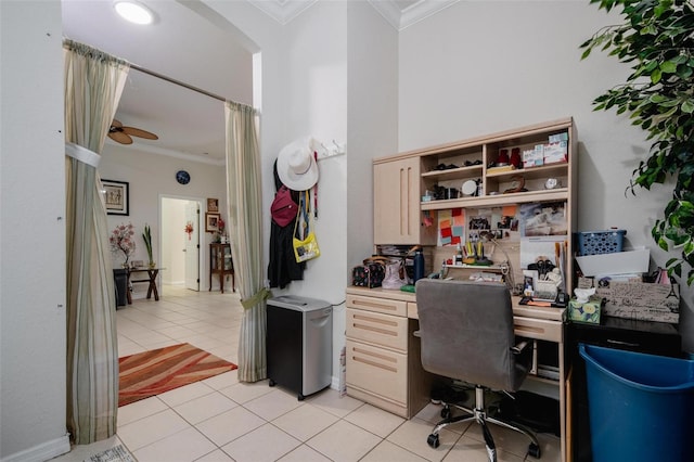 office featuring light tile patterned floors, crown molding, and ceiling fan