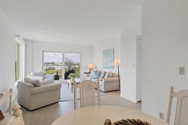 living room featuring a textured ceiling and light wood-type flooring