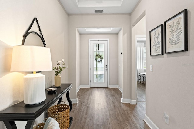 foyer with a raised ceiling and hardwood / wood-style flooring