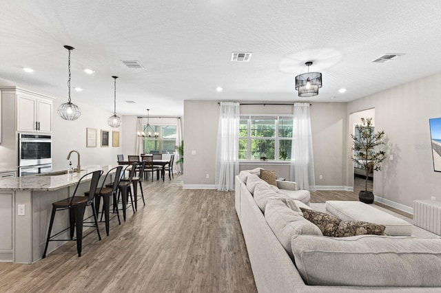 living room featuring a textured ceiling, radiator, hardwood / wood-style floors, and sink