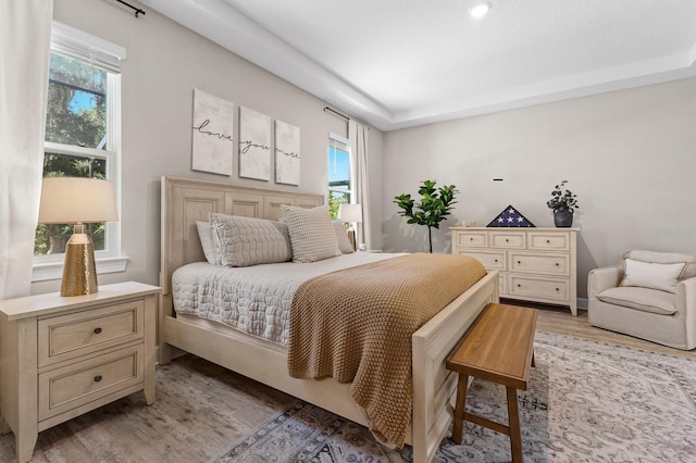 bedroom featuring light hardwood / wood-style flooring and multiple windows