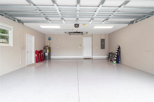 garage featuring a garage door opener, electric panel, and water heater