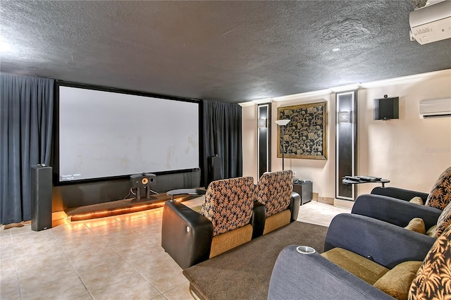 tiled cinema featuring a wall mounted AC and a textured ceiling