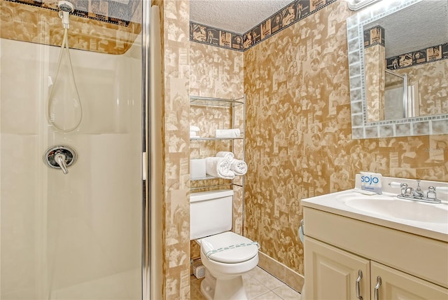 bathroom featuring a shower with shower door, a textured ceiling, tile patterned flooring, vanity, and toilet