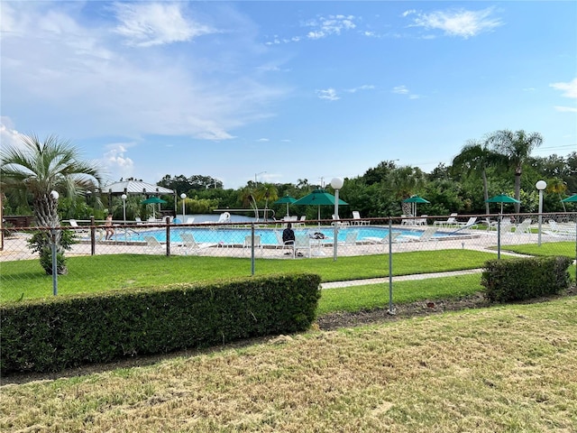 view of pool with a yard