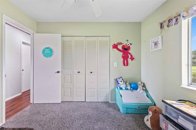 interior space featuring multiple windows, hardwood / wood-style flooring, ceiling fan, and a closet