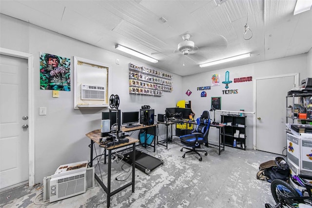 office with cooling unit, ceiling fan, and concrete floors