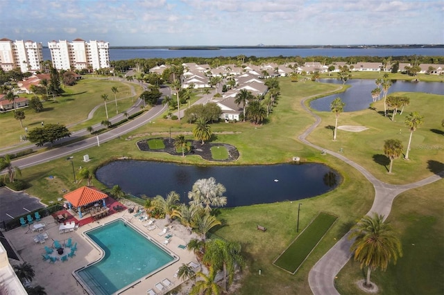 bird's eye view with a water view