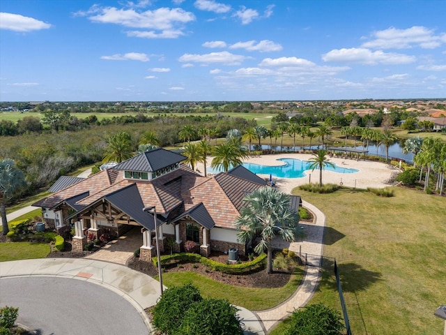 drone / aerial view featuring a water view