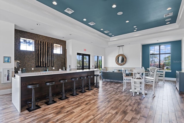 kitchen with a tray ceiling, a healthy amount of sunlight, hardwood / wood-style floors, and a kitchen breakfast bar