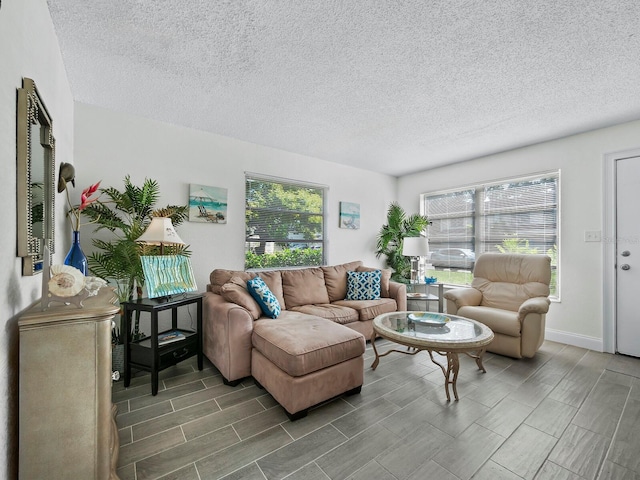 living room featuring baseboards, a textured ceiling, and wood finish floors