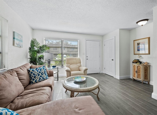 living room featuring a textured ceiling and hardwood / wood-style floors