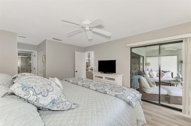 bedroom featuring a closet, ceiling fan, and light hardwood / wood-style flooring