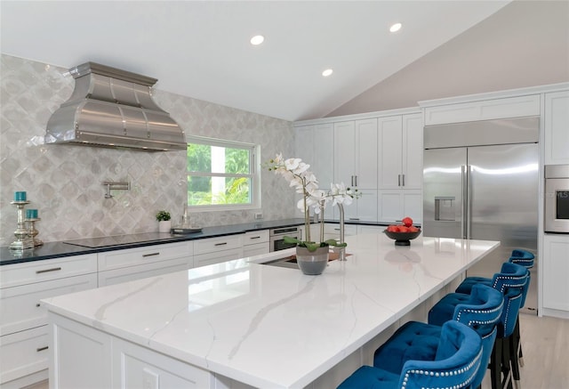 kitchen with extractor fan, white cabinets, lofted ceiling, and stainless steel appliances