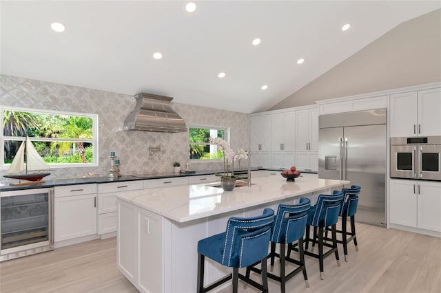 kitchen featuring beverage cooler, range hood, appliances with stainless steel finishes, and a healthy amount of sunlight