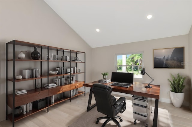 office area featuring recessed lighting, high vaulted ceiling, baseboards, and wood finished floors