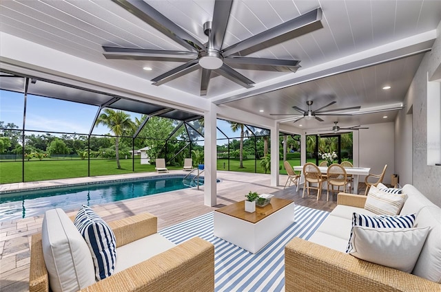 outdoor pool featuring a lanai, a lawn, an outdoor hangout area, outdoor dining area, and a patio area