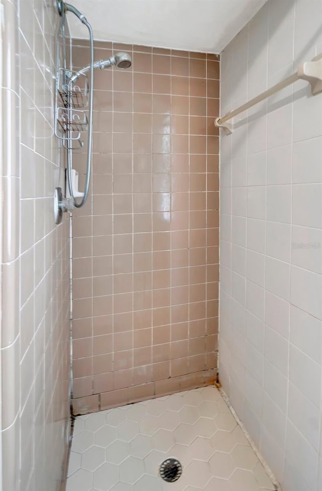 bathroom featuring a tile shower and tile patterned flooring