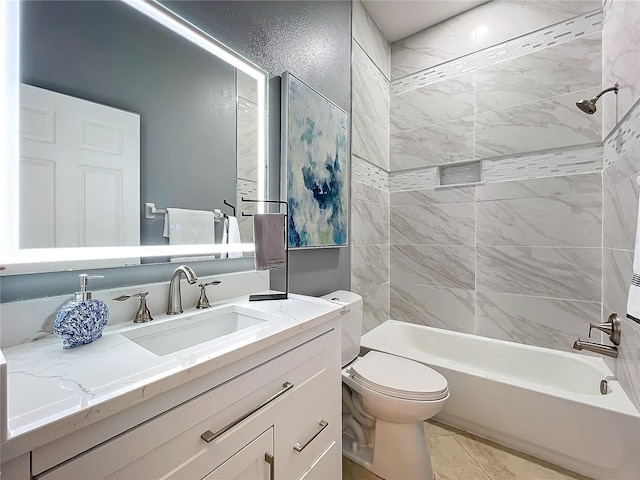 full bathroom featuring washtub / shower combination, vanity, and toilet