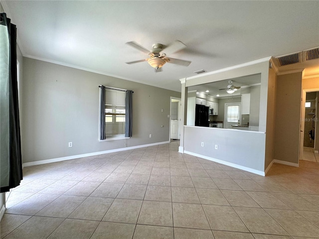 unfurnished living room featuring ceiling fan, light tile patterned floors, and crown molding