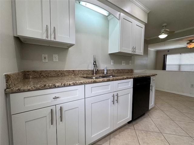 kitchen with ceiling fan, black dishwasher, sink, and white cabinets