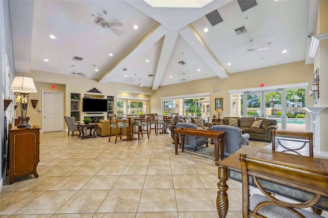 living room featuring beam ceiling, ceiling fan, high vaulted ceiling, and light tile patterned floors