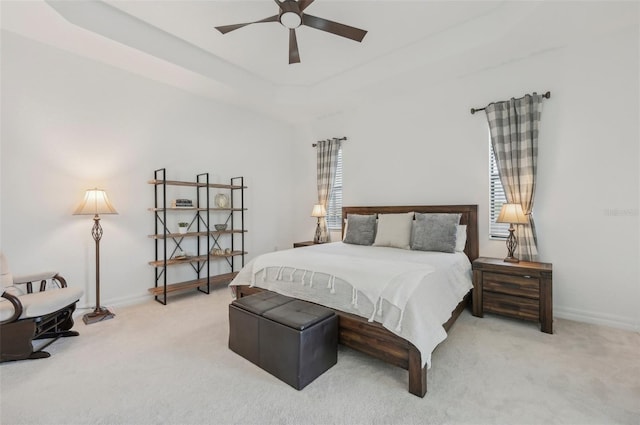 carpeted bedroom featuring a raised ceiling