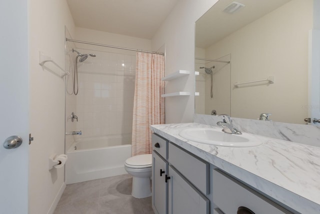 full bathroom featuring toilet, vanity, shower / tub combo, and tile patterned floors