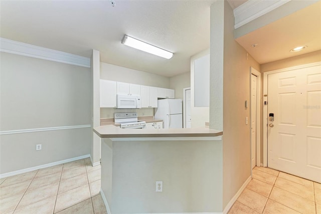 kitchen featuring white appliances, light tile patterned floors, kitchen peninsula, ornamental molding, and white cabinets