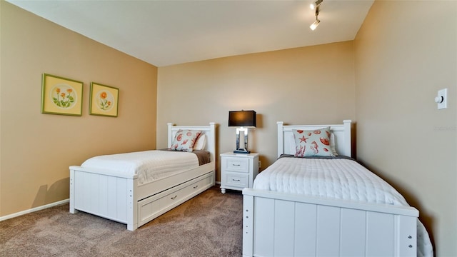 bedroom with rail lighting and light carpet