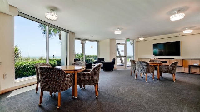 dining space featuring dark colored carpet