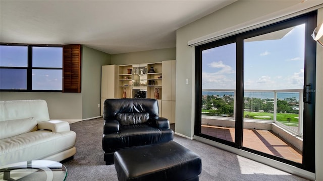 living room featuring carpet flooring and a water view