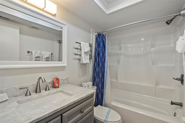 bathroom featuring toilet, shower / bath combo, visible vents, and vanity