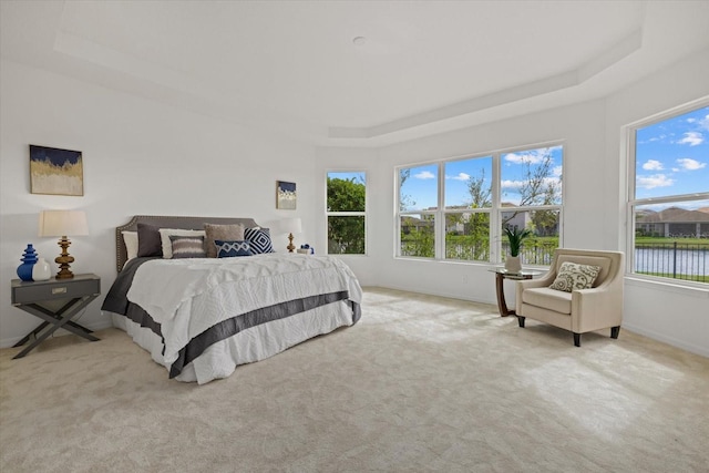 carpeted bedroom with a water view, multiple windows, and a raised ceiling