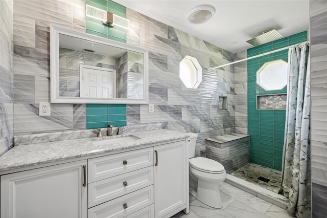 bathroom featuring vanity, tile patterned flooring, tile walls, toilet, and walk in shower