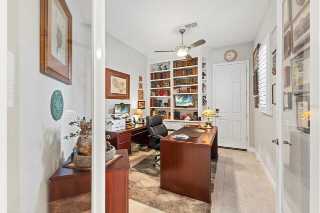 office area featuring ceiling fan and light tile patterned flooring