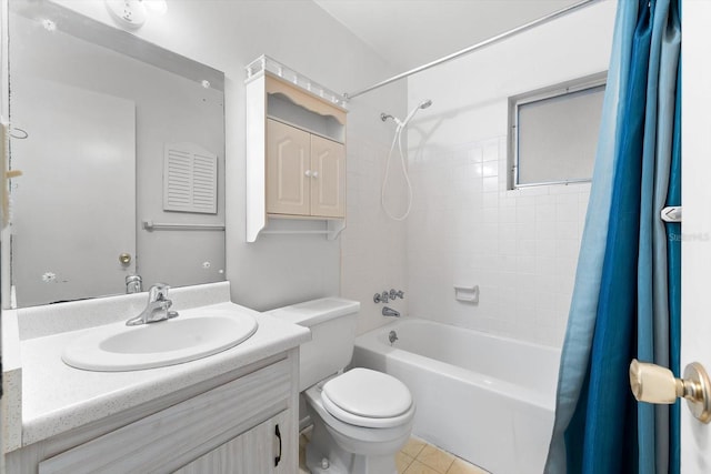 bathroom with toilet, shower / bath combo with shower curtain, and vanity