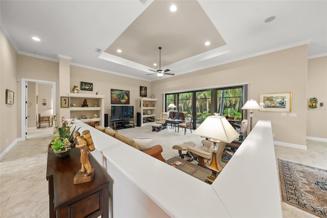 living room with recessed lighting, a ceiling fan, baseboards, and ornamental molding